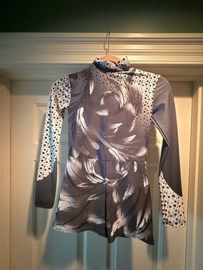 Gray Feather-Print Figure Skating Dress with Polka Dot Accents